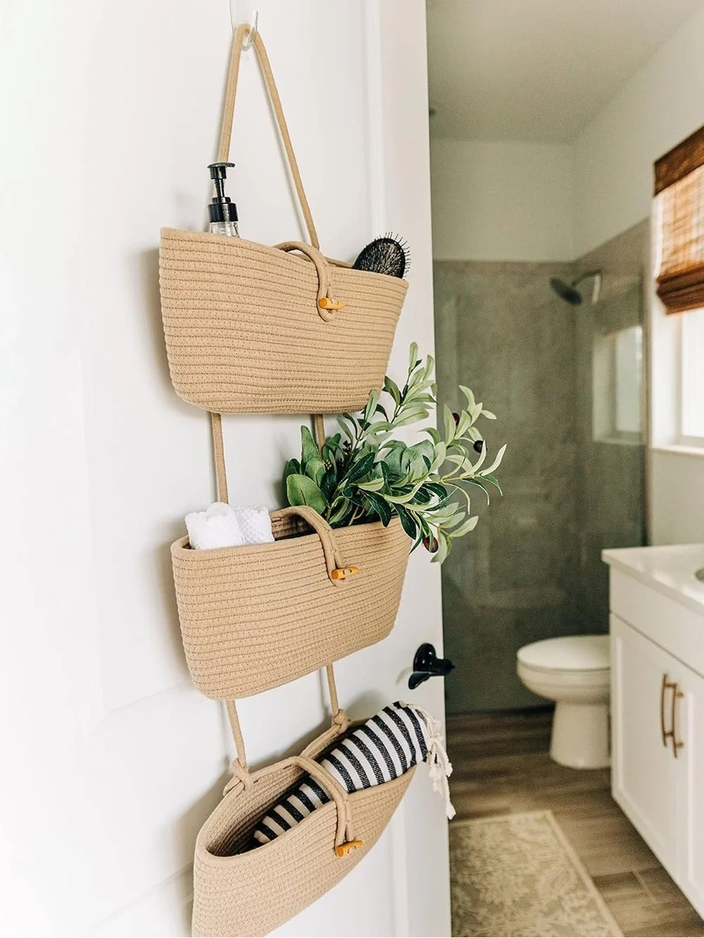 3-Tier Hanging Rope Basket Organizer in Tan